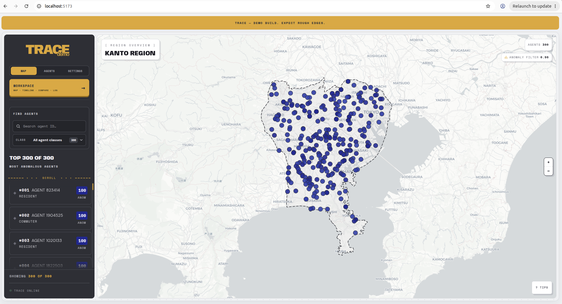 Trace homepage showing the Kanto region map and ranked anomalous agents