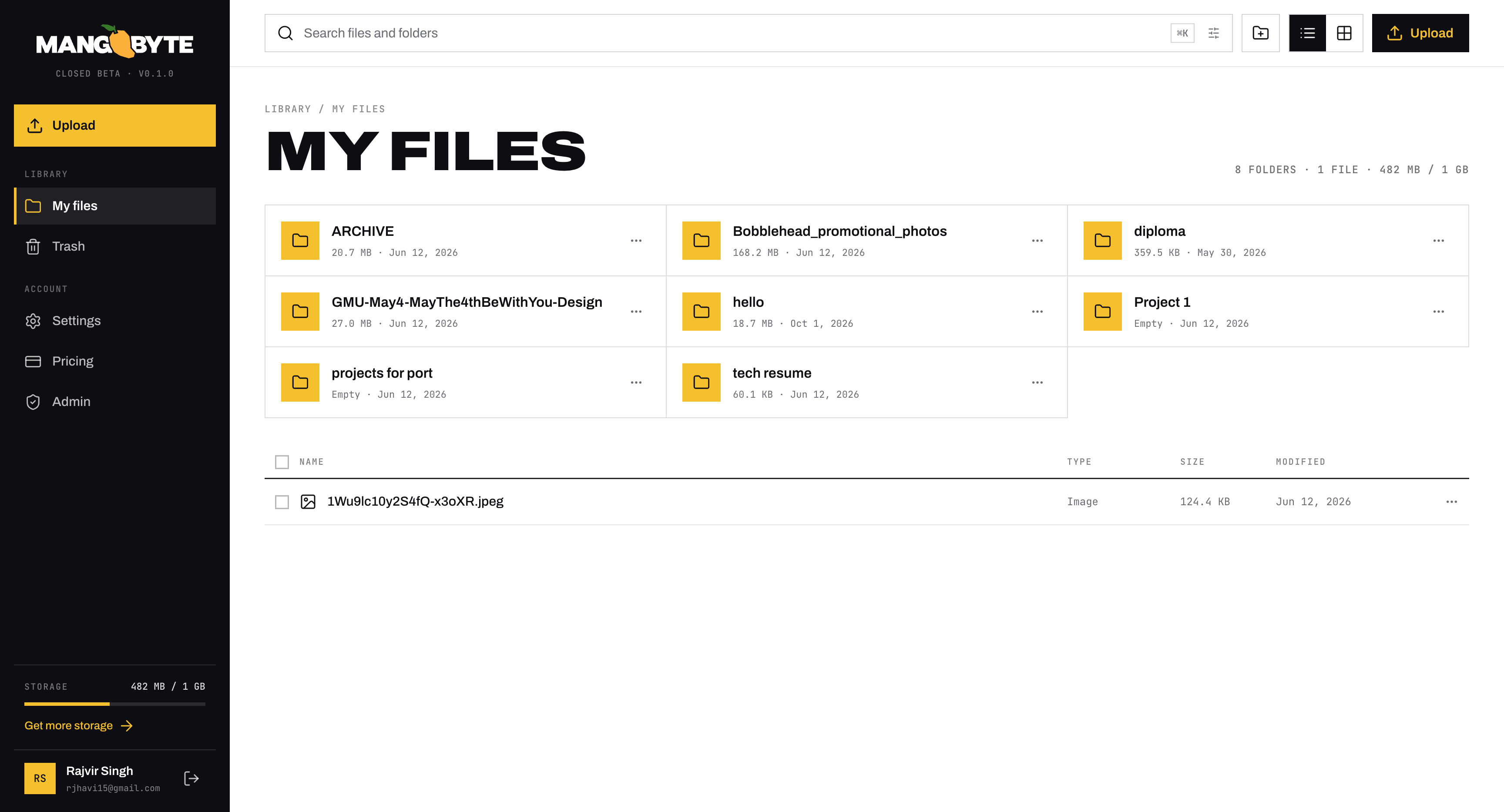 Signed-in MangoByte dashboard showing folders, a file list, search, upload controls and 482 MB of 1 GB storage used