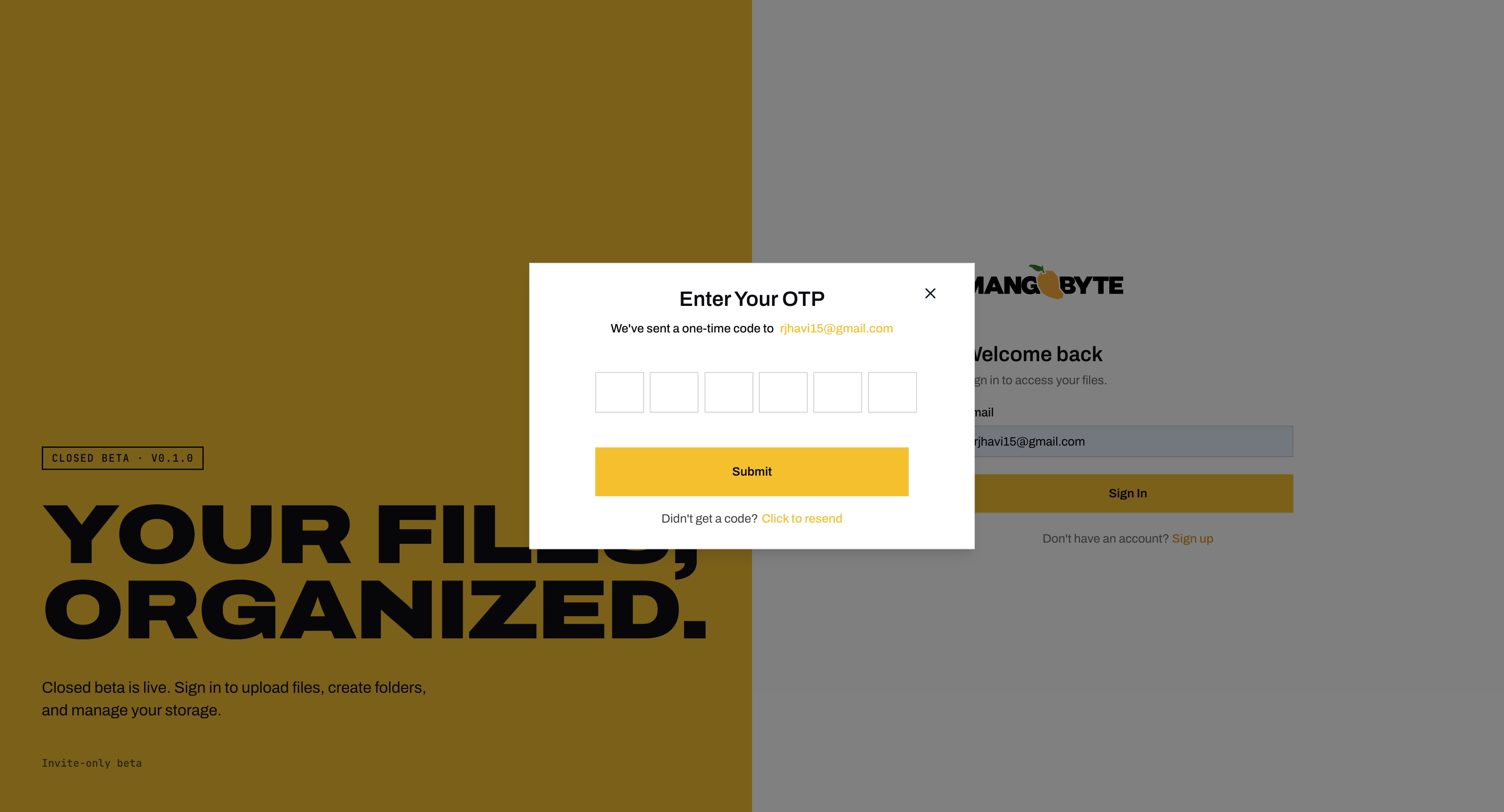 MangoByte email verification dialog with six code fields, a Submit button and a resend link over the sign-in screen