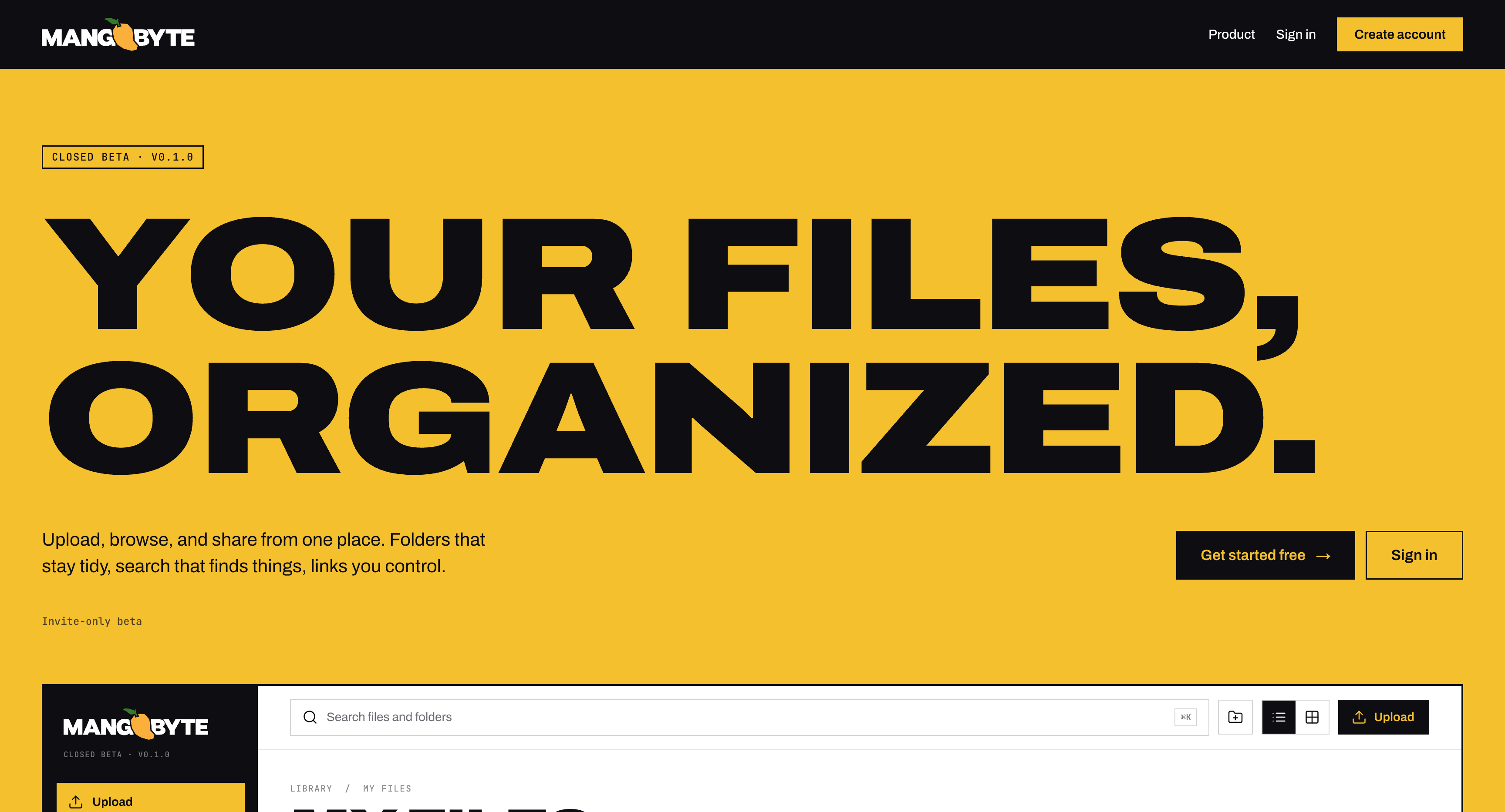 MangoByte homescreen with yellow background, Your files organized headline and account creation controls